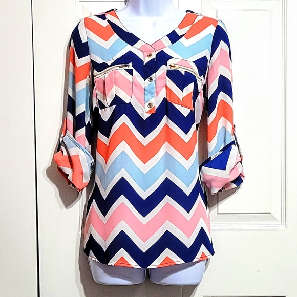 Wishful Park Tops - Wishful Park 3/4 Sleeve Blouse Top Shirt Colorful Chevron